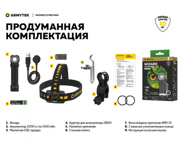 Фонарь Armytek Wizard C2 Pro Max Cree XHP70.2 Magnet USB + 21700 Li-Ion, белый свет, Olive